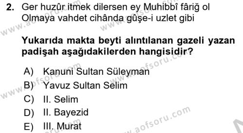 XVI. Yüzyıl Türk Edebiyatı Dersi 2018 - 2019 Yılı Yaz Okulu Sınavı 2. Soru