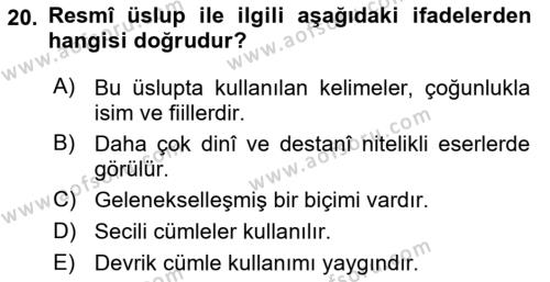 XVI. Yüzyıl Türk Edebiyatı Dersi 2018 - 2019 Yılı Yaz Okulu Sınavı 20. Soru