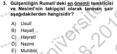 XVI. Yüzyıl Türk Edebiyatı Dersi 2018 - 2019 Yılı Yaz Okulu Sınavı 3. Soru