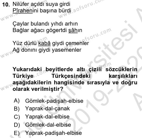 XVI. Yüzyıl Türk Edebiyatı Dersi 2019 - 2020 Yılı (Vize) Ara Sınavı 10. Soru