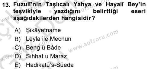 XVI. Yüzyıl Türk Edebiyatı Dersi 2019 - 2020 Yılı (Vize) Ara Sınavı 13. Soru