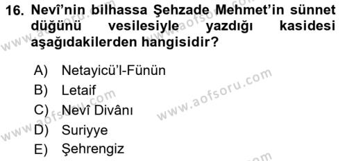 XVI. Yüzyıl Türk Edebiyatı Dersi 2019 - 2020 Yılı (Vize) Ara Sınavı 16. Soru