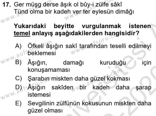 XVI. Yüzyıl Türk Edebiyatı Dersi 2019 - 2020 Yılı (Vize) Ara Sınavı 17. Soru