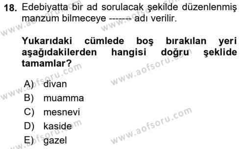 XVI. Yüzyıl Türk Edebiyatı Dersi 2019 - 2020 Yılı (Vize) Ara Sınavı 18. Soru