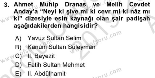 XVI. Yüzyıl Türk Edebiyatı Dersi 2019 - 2020 Yılı (Vize) Ara Sınavı 3. Soru