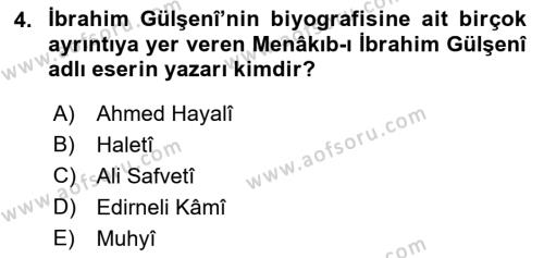 XVI. Yüzyıl Türk Edebiyatı Dersi 2019 - 2020 Yılı (Vize) Ara Sınavı 4. Soru