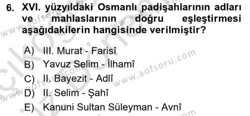 XVI. Yüzyıl Türk Edebiyatı Dersi 2019 - 2020 Yılı (Vize) Ara Sınavı 6. Soru