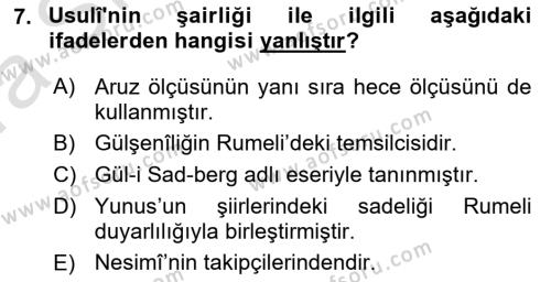 XVI. Yüzyıl Türk Edebiyatı Dersi 2019 - 2020 Yılı (Vize) Ara Sınavı 7. Soru