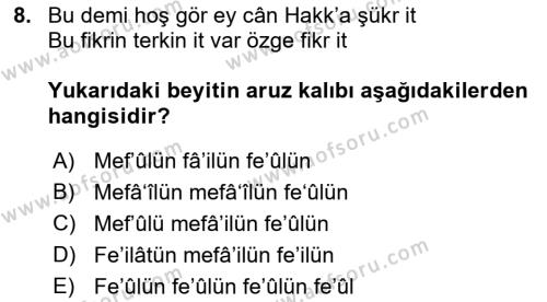 XVI. Yüzyıl Türk Edebiyatı Dersi 2019 - 2020 Yılı (Vize) Ara Sınavı 8. Soru