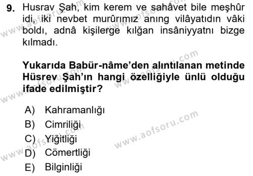 XVI. Yüzyıl Türk Edebiyatı Dersi 2019 - 2020 Yılı (Vize) Ara Sınavı 9. Soru