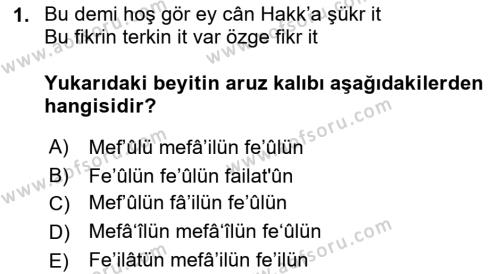 XVI. Yüzyıl Türk Edebiyatı Dersi 2019 - 2020 Yılı (Final) Dönem Sonu Sınavı 1. Soru