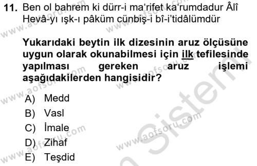 XVI. Yüzyıl Türk Edebiyatı Dersi 2019 - 2020 Yılı (Final) Dönem Sonu Sınavı 11. Soru