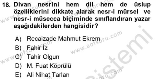 XVI. Yüzyıl Türk Edebiyatı Dersi 2019 - 2020 Yılı (Final) Dönem Sonu Sınavı 18. Soru