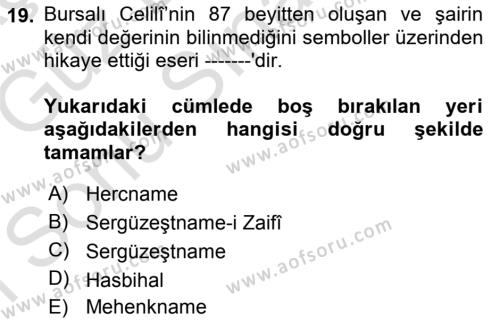 XVI. Yüzyıl Türk Edebiyatı Dersi 2019 - 2020 Yılı (Final) Dönem Sonu Sınavı 19. Soru