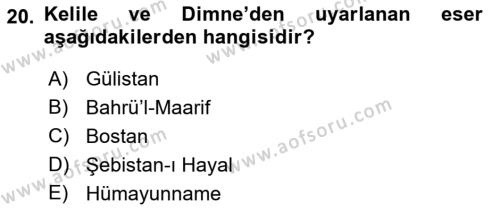 XVI. Yüzyıl Türk Edebiyatı Dersi 2019 - 2020 Yılı (Final) Dönem Sonu Sınavı 20. Soru