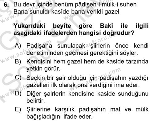 XVI. Yüzyıl Türk Edebiyatı Dersi 2019 - 2020 Yılı (Final) Dönem Sonu Sınavı 6. Soru