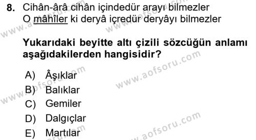 XVI. Yüzyıl Türk Edebiyatı Dersi 2019 - 2020 Yılı (Final) Dönem Sonu Sınavı 8. Soru