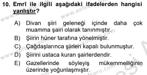 XVI. Yüzyıl Türk Edebiyatı Dersi 2020 - 2021 Yılı Yaz Okulu Sınavı 10. Soru