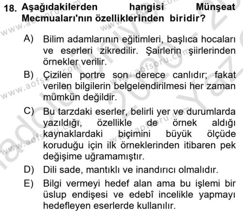 XVI. Yüzyıl Türk Edebiyatı Dersi 2020 - 2021 Yılı Yaz Okulu Sınavı 18. Soru