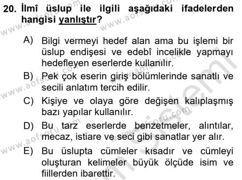 XVI. Yüzyıl Türk Edebiyatı Dersi 2020 - 2021 Yılı Yaz Okulu Sınavı 20. Soru