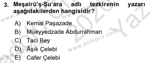 XVI. Yüzyıl Türk Edebiyatı Dersi 2020 - 2021 Yılı Yaz Okulu Sınavı 3. Soru