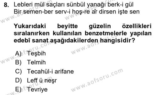 XVI. Yüzyıl Türk Edebiyatı Dersi 2020 - 2021 Yılı Yaz Okulu Sınavı 8. Soru