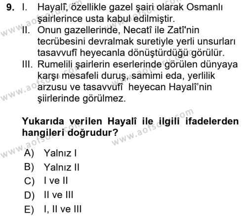 XVI. Yüzyıl Türk Edebiyatı Dersi 2020 - 2021 Yılı Yaz Okulu Sınavı 9. Soru