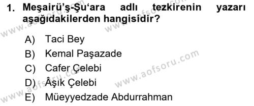 XVI. Yüzyıl Türk Edebiyatı Dersi 2021 - 2022 Yılı (Final) Dönem Sonu Sınavı 1. Soru