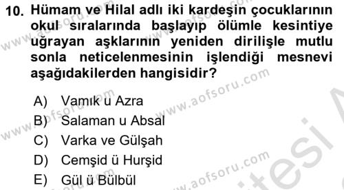 XVI. Yüzyıl Türk Edebiyatı Dersi 2021 - 2022 Yılı (Final) Dönem Sonu Sınavı 10. Soru