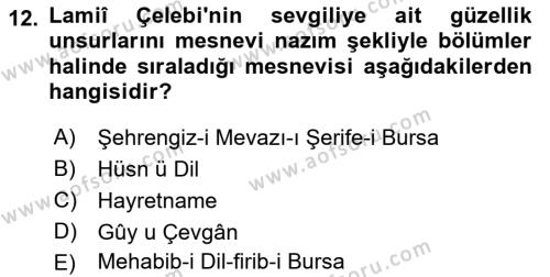 XVI. Yüzyıl Türk Edebiyatı Dersi 2021 - 2022 Yılı (Final) Dönem Sonu Sınavı 12. Soru