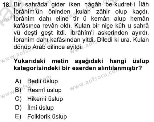 XVI. Yüzyıl Türk Edebiyatı Dersi 2021 - 2022 Yılı (Final) Dönem Sonu Sınavı 18. Soru