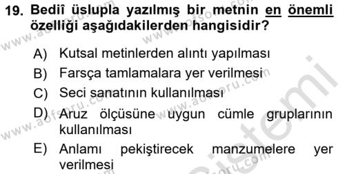 XVI. Yüzyıl Türk Edebiyatı Dersi 2021 - 2022 Yılı (Final) Dönem Sonu Sınavı 19. Soru