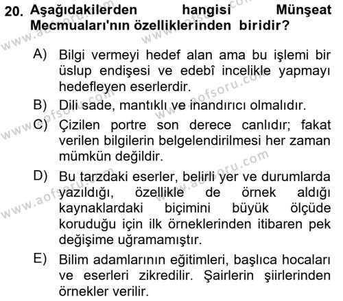 XVI. Yüzyıl Türk Edebiyatı Dersi 2021 - 2022 Yılı (Final) Dönem Sonu Sınavı 20. Soru