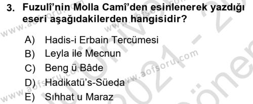 XVI. Yüzyıl Türk Edebiyatı Dersi 2021 - 2022 Yılı (Final) Dönem Sonu Sınavı 3. Soru