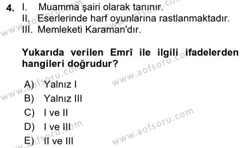 XVI. Yüzyıl Türk Edebiyatı Dersi 2021 - 2022 Yılı (Final) Dönem Sonu Sınavı 4. Soru