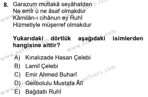 XVI. Yüzyıl Türk Edebiyatı Dersi 2021 - 2022 Yılı (Final) Dönem Sonu Sınavı 8. Soru