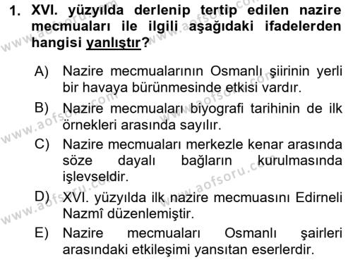 XVI. Yüzyıl Türk Edebiyatı Dersi 2021 - 2022 Yılı Yaz Okulu Sınavı 1. Soru