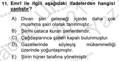 XVI. Yüzyıl Türk Edebiyatı Dersi 2021 - 2022 Yılı Yaz Okulu Sınavı 11. Soru