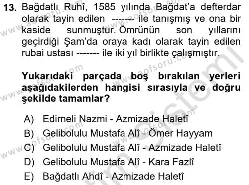 XVI. Yüzyıl Türk Edebiyatı Dersi 2021 - 2022 Yılı Yaz Okulu Sınavı 13. Soru