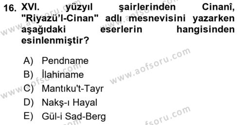 XVI. Yüzyıl Türk Edebiyatı Dersi 2021 - 2022 Yılı Yaz Okulu Sınavı 16. Soru