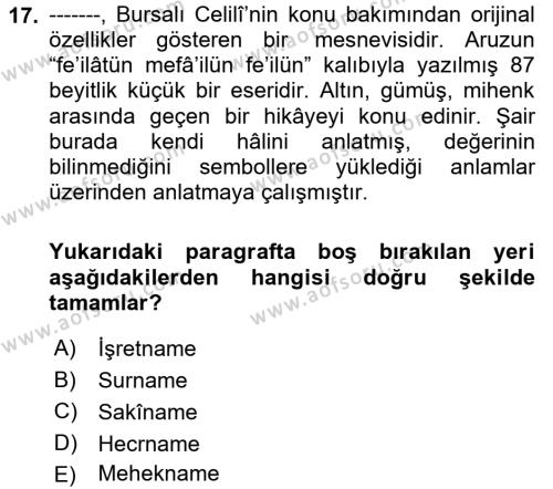 XVI. Yüzyıl Türk Edebiyatı Dersi 2021 - 2022 Yılı Yaz Okulu Sınavı 17. Soru