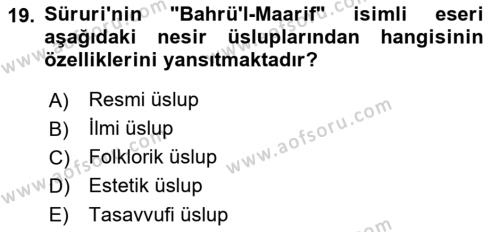 XVI. Yüzyıl Türk Edebiyatı Dersi 2021 - 2022 Yılı Yaz Okulu Sınavı 19. Soru