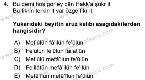 XVI. Yüzyıl Türk Edebiyatı Dersi 2021 - 2022 Yılı Yaz Okulu Sınavı 4. Soru