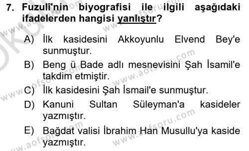 XVI. Yüzyıl Türk Edebiyatı Dersi 2021 - 2022 Yılı Yaz Okulu Sınavı 7. Soru