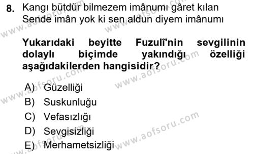 XVI. Yüzyıl Türk Edebiyatı Dersi 2021 - 2022 Yılı Yaz Okulu Sınavı 8. Soru