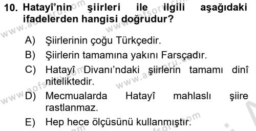 XVI. Yüzyıl Türk Edebiyatı Dersi 2022 - 2023 Yılı (Vize) Ara Sınavı 10. Soru