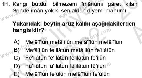 XVI. Yüzyıl Türk Edebiyatı Dersi 2022 - 2023 Yılı (Vize) Ara Sınavı 11. Soru