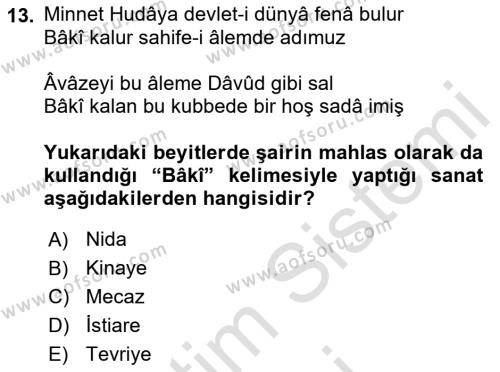 XVI. Yüzyıl Türk Edebiyatı Dersi 2022 - 2023 Yılı (Vize) Ara Sınavı 13. Soru