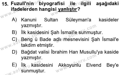 XVI. Yüzyıl Türk Edebiyatı Dersi 2022 - 2023 Yılı (Vize) Ara Sınavı 15. Soru