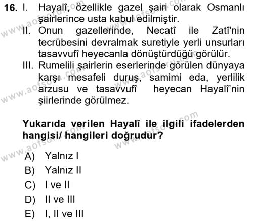 XVI. Yüzyıl Türk Edebiyatı Dersi 2022 - 2023 Yılı (Vize) Ara Sınavı 16. Soru